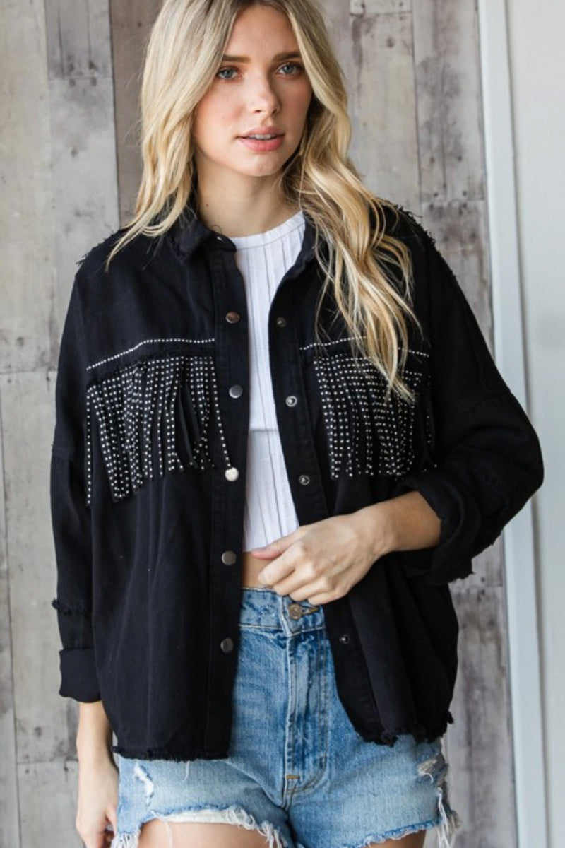 Jill Studded Fringe Denim Jacket-Pink – Missy's Boutique