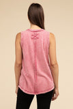Washed Half-Button Raw Edge Sleeveless Henley Top • More Colors