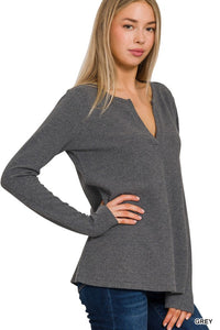 Melange Baby Waffle V-Neck Long Sleeve Top • More Colors