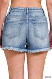 Mid Rise Raw Frayed Hem Denim Shorts