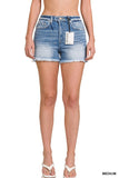 Mid Rise Raw Frayed Hem Denim Shorts