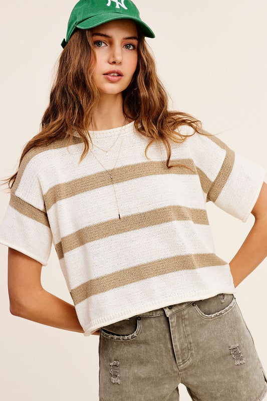 Lightweight Stripe Sweater Short Sleeve Top • More Colors