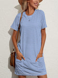 Pocketed Striped Round Neck Short Sleeve Dress • More Colors