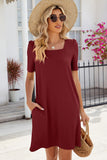 Pocketed Square Neck Short Sleeve Dress • More Colors