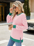 Slit Striped Round Neck Long Sleeve Sweatshirt • More Colors