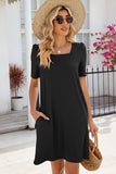 Pocketed Square Neck Short Sleeve Dress • More Colors