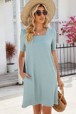 Pocketed Square Neck Short Sleeve Dress • More Colors