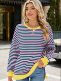 Slit Striped Round Neck Long Sleeve Sweatshirt • More Colors