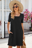 Pocketed Square Neck Short Sleeve Dress • More Colors