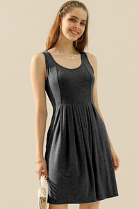 Round Neck Ruched Sleeveless Dress with Pockets • More Colors