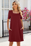 Pocketed Square Neck Short Sleeve Dress • More Colors