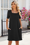 Pocketed Square Neck Short Sleeve Dress • More Colors