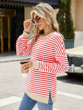 Slit Striped Round Neck Long Sleeve Sweatshirt • More Colors