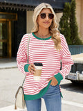 Slit Striped Round Neck Long Sleeve Sweatshirt • More Colors