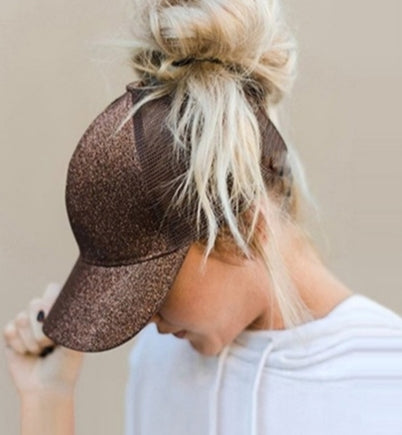 C.C High Pony Messy Bun Ball Cap Bronze Glitter Style District 216