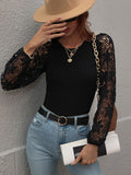 Lace Sleeve Round Neck Ribbed Top • More Colors