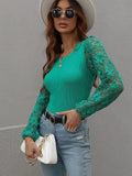 Lace Sleeve Round Neck Ribbed Top • More Colors